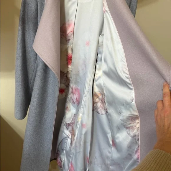 Ted Baker Wool Cashmere trench coat silver gray pink belted size UK2 US 6 - Picture 7 of 9